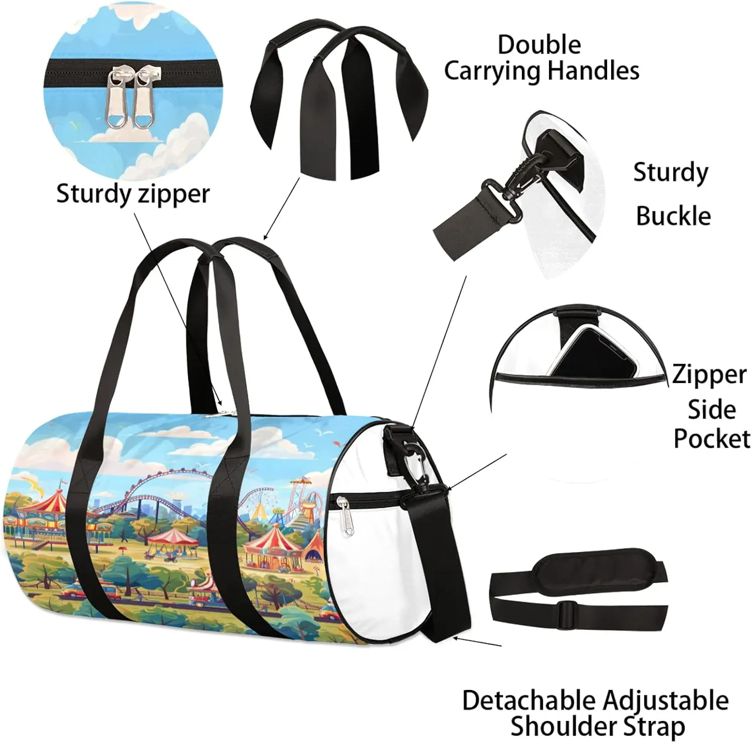 Printed Amusement Park Sports Gym Bag for Men Women Lightweight Travel Duffle Bag with Shoulder Strap Waterproof Carry On Weekender Overnight Bag for Travel Sports Gym