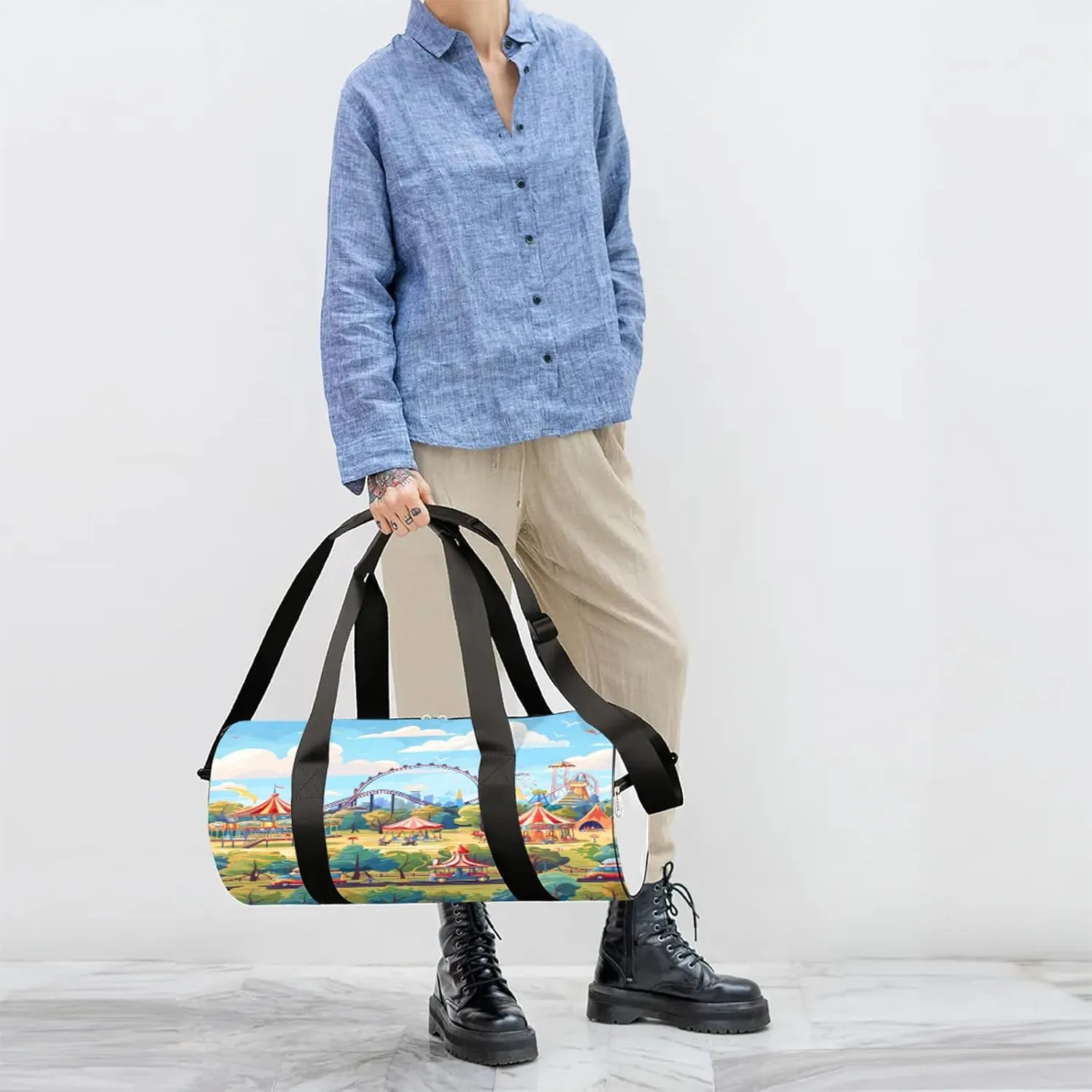 Printed Amusement Park Sports Gym Bag for Men Women Lightweight Travel Duffle Bag with Shoulder Strap Waterproof Carry On Weekender Overnight Bag for Travel Sports Gym