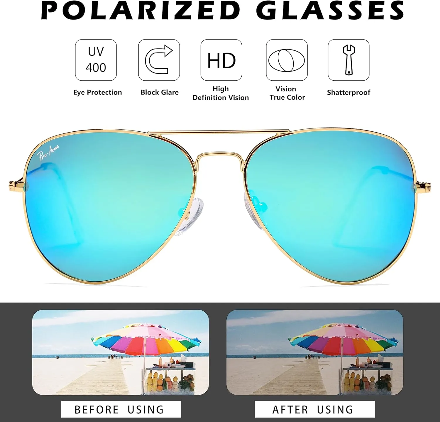 Pro Acme Classic Polarized Aviator Sunglasses for Women Men, Lightweight Metal Pilot Frame UV400 Protection 58MM