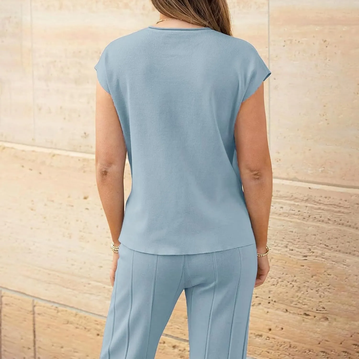 PTOLOCIF Women 2 Piece Outfits Summer Casual Sweater Set Knit Loungewear Cap Sleeve Pullover Top and Wide Leg Pants Tracksuit