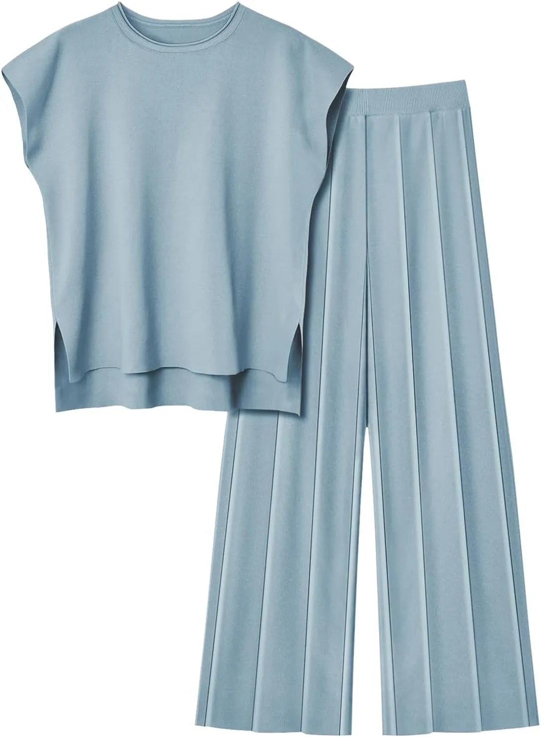 PTOLOCIF Women 2 Piece Outfits Summer Casual Sweater Set Knit Loungewear Cap Sleeve Pullover Top and Wide Leg Pants Tracksuit