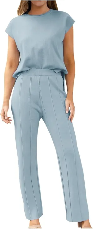 PTOLOCIF Women 2 Piece Outfits Summer Casual Sweater Set Knit Loungewear Cap Sleeve Pullover Top and Wide Leg Pants Tracksuit