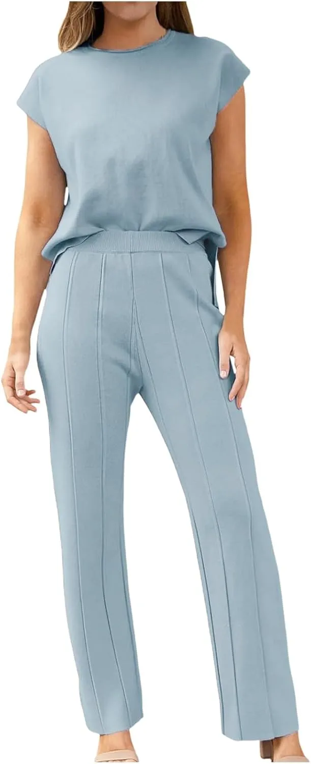PTOLOCIF Women 2 Piece Outfits Summer Casual Sweater Set Knit Loungewear Cap Sleeve Pullover Top and Wide Leg Pants Tracksuit