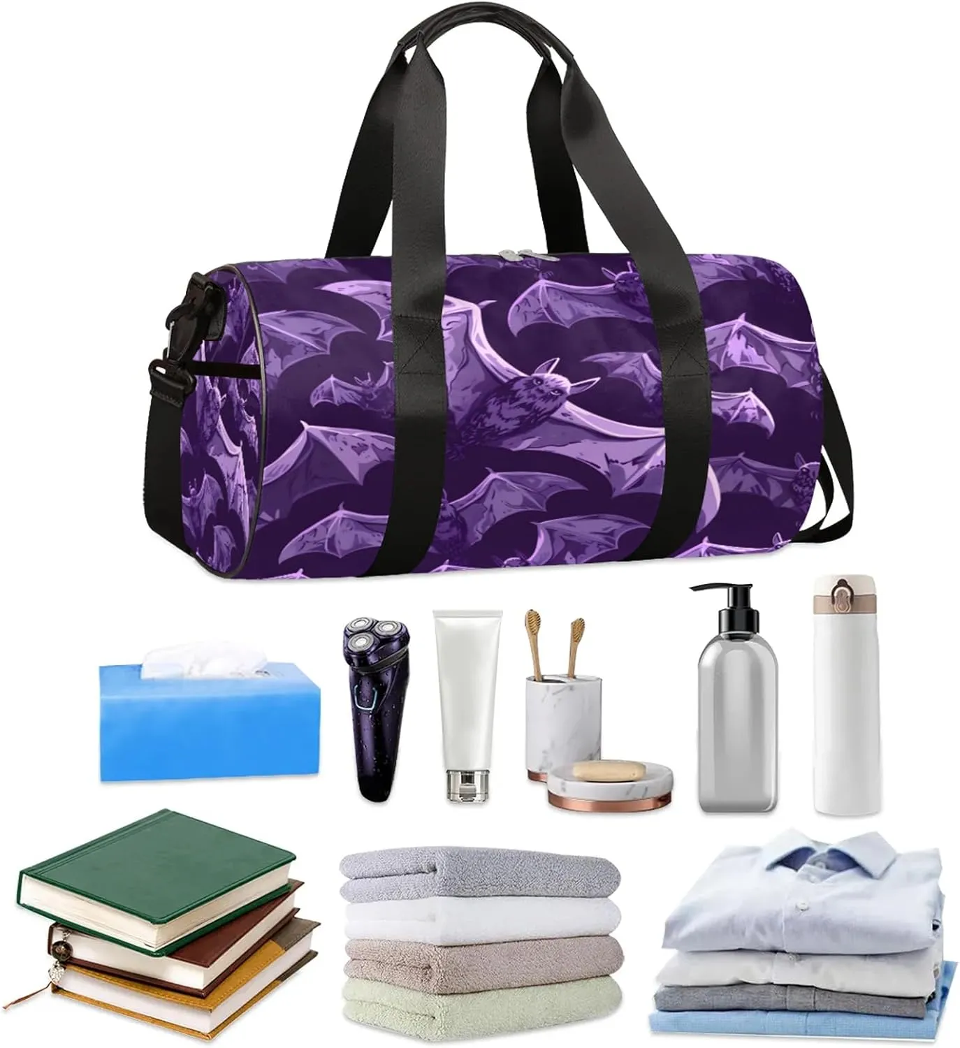 Purple Bats Sports Gym Bag for Men Women Lightweight Travel Duffle Bag with Shoulder Strap Waterproof Carry On Weekender Overnight Bag for Travel Sports Gym