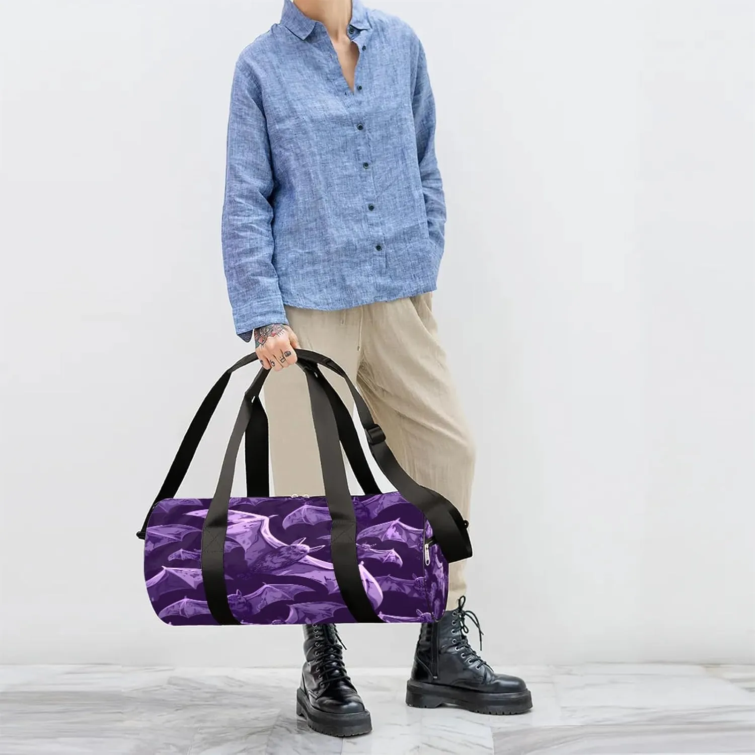 Purple Bats Sports Gym Bag for Men Women Lightweight Travel Duffle Bag with Shoulder Strap Waterproof Carry On Weekender Overnight Bag for Travel Sports Gym