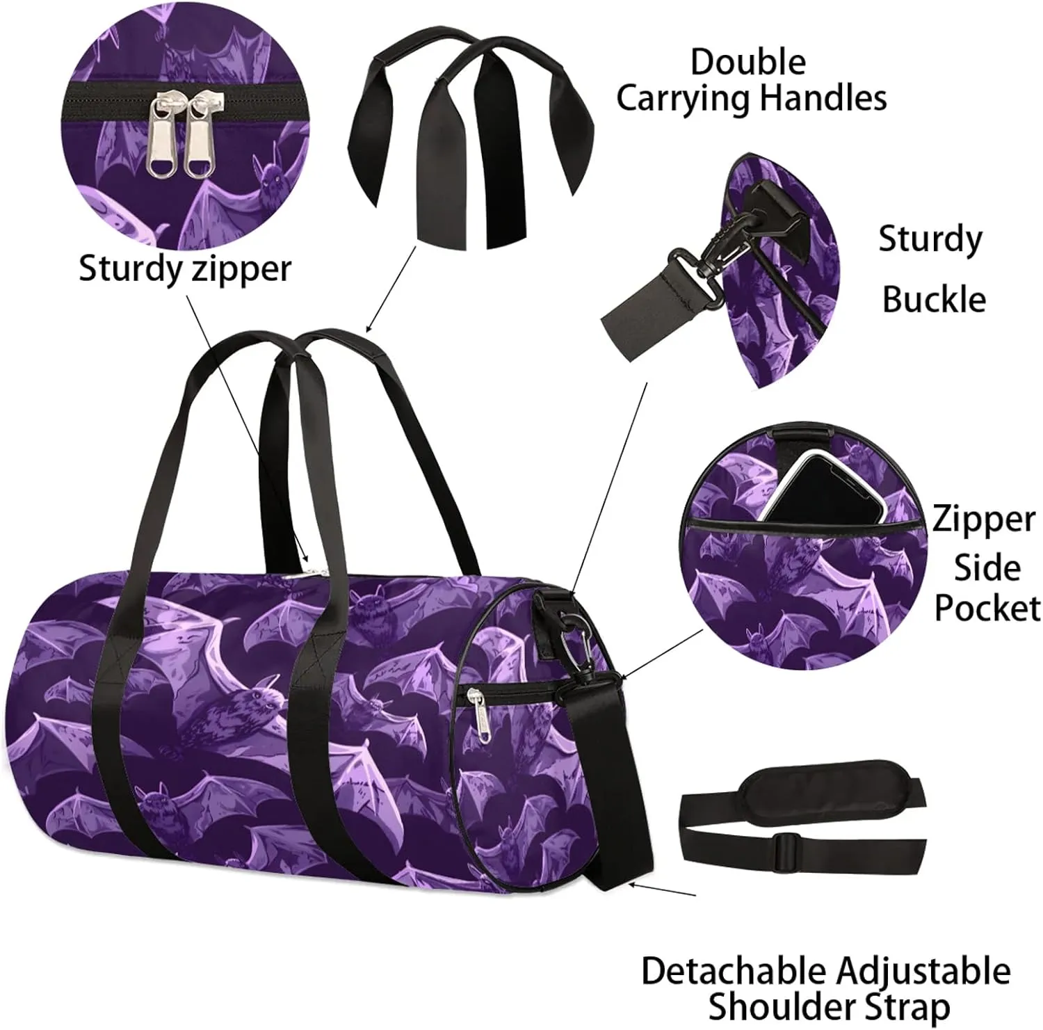 Purple Bats Sports Gym Bag for Men Women Lightweight Travel Duffle Bag with Shoulder Strap Waterproof Carry On Weekender Overnight Bag for Travel Sports Gym