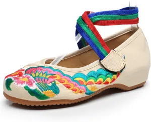Qhome Women's Fashion Peacock Embroidery Canvas Shoes Ankle Strappy Flat Chinese Dress Shoes