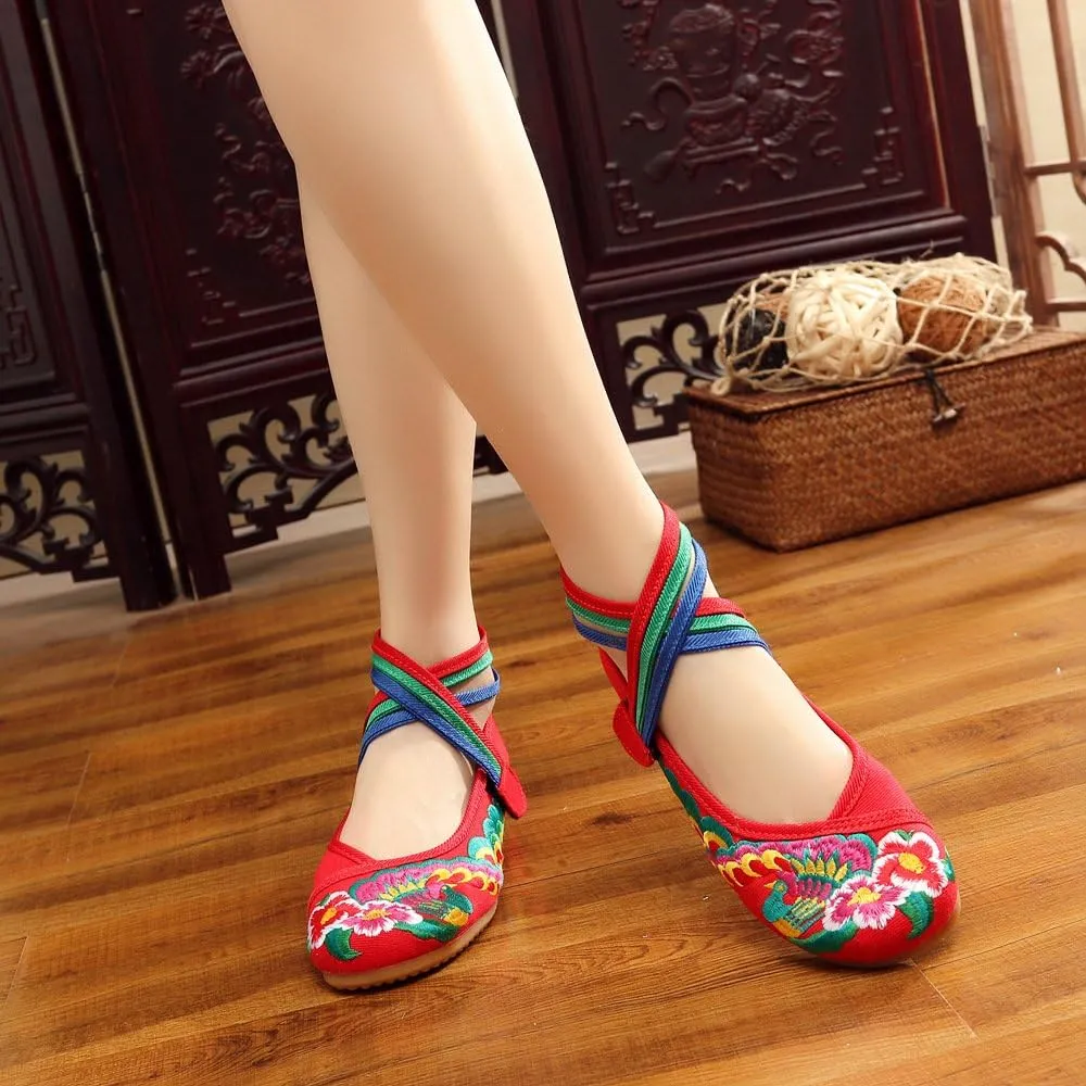 Qhome Women's Fashion Peacock Embroidery Canvas Shoes Ankle Strappy Flat Chinese Dress Shoes