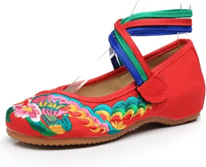 Qhome Women's Fashion Peacock Embroidery Canvas Shoes Ankle Strappy Flat Chinese Dress Shoes