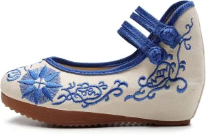 Qianmome Chinese Old Beijing Womens Floral Embroidery Strappy Round-Toe Platform Wedges