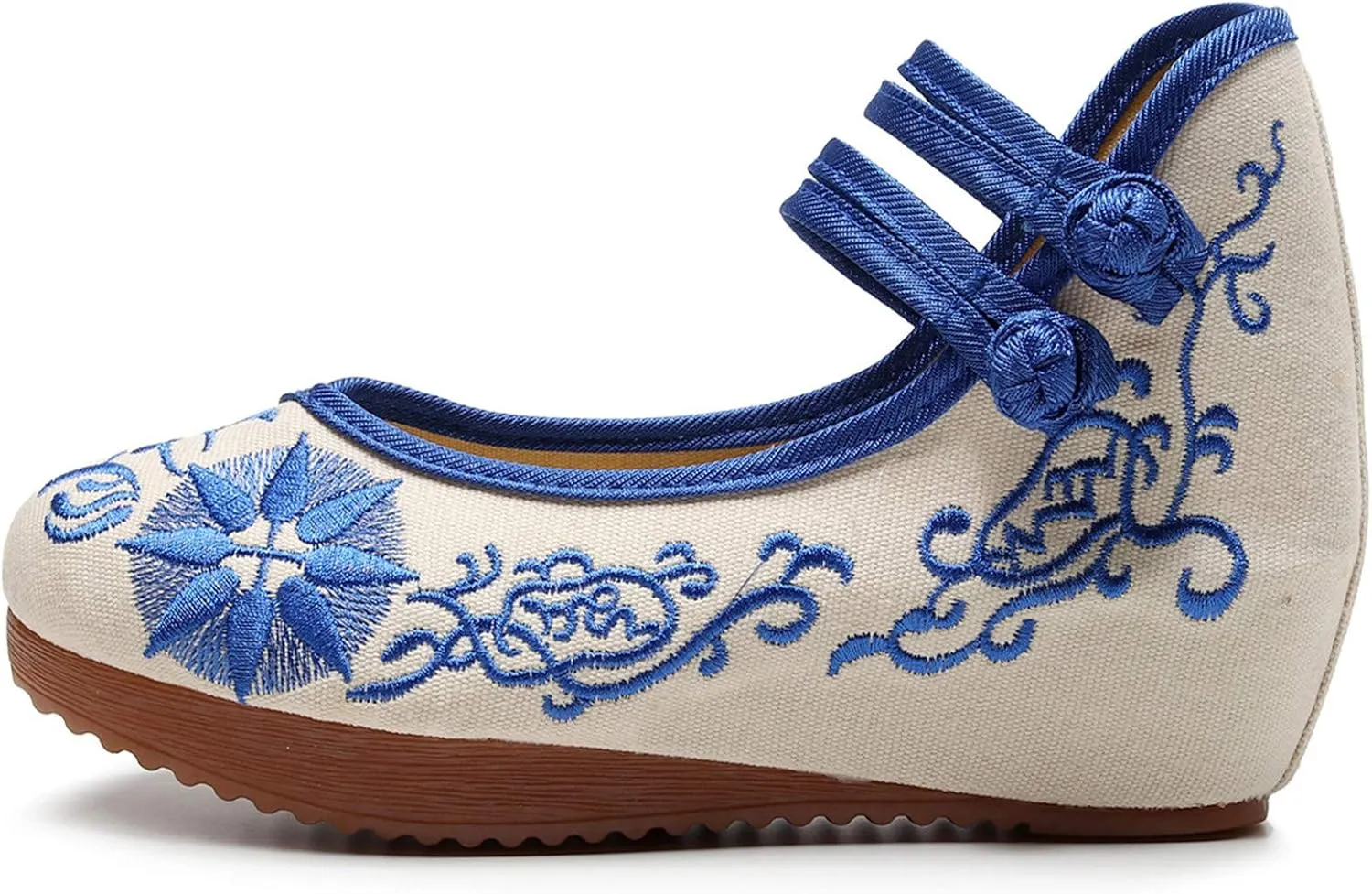 Qianmome Chinese Old Beijing Womens Floral Embroidery Strappy Round-Toe Platform Wedges