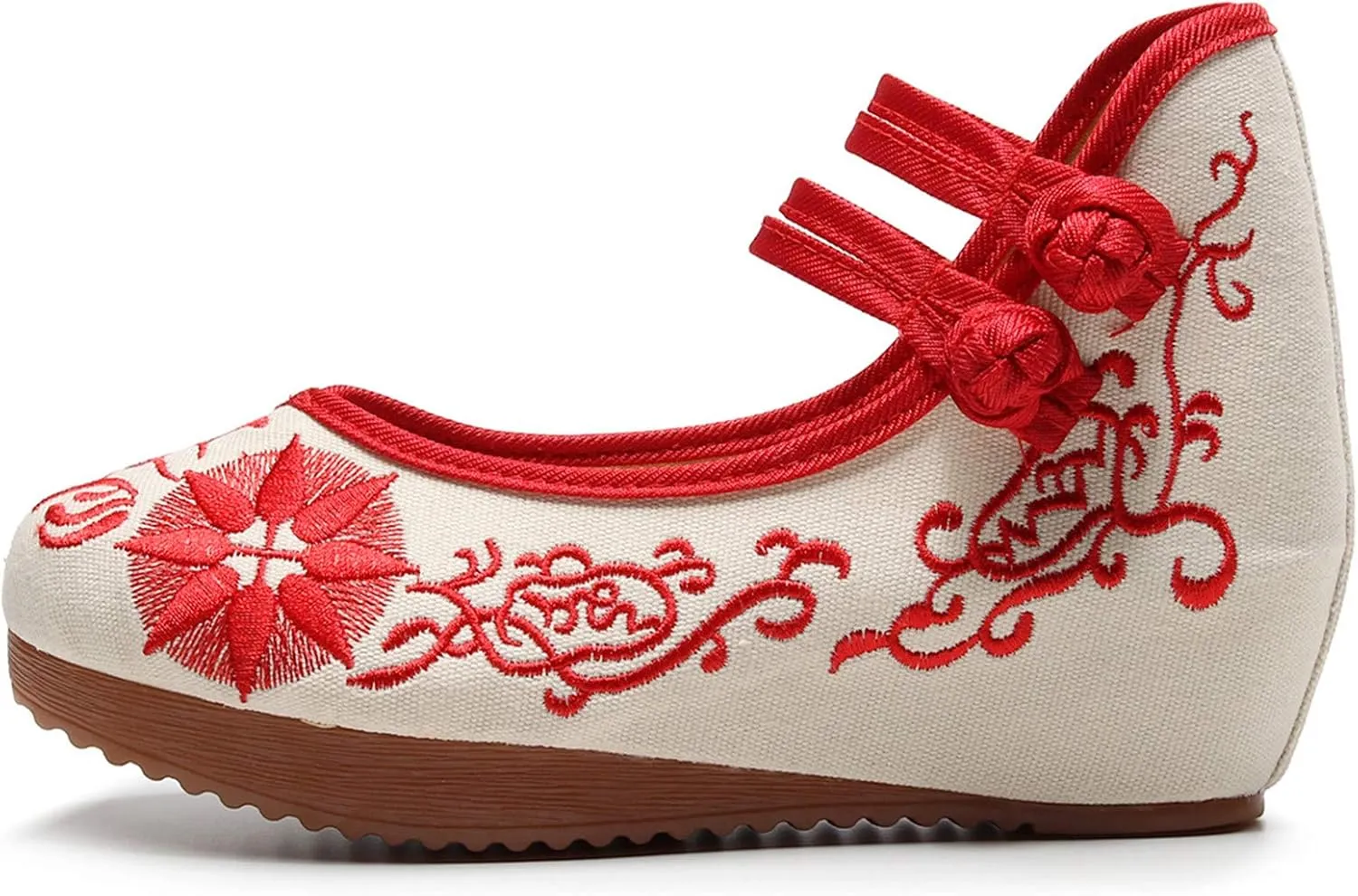 Qianmome Chinese Old Beijing Womens Floral Embroidery Strappy Round-Toe Platform Wedges