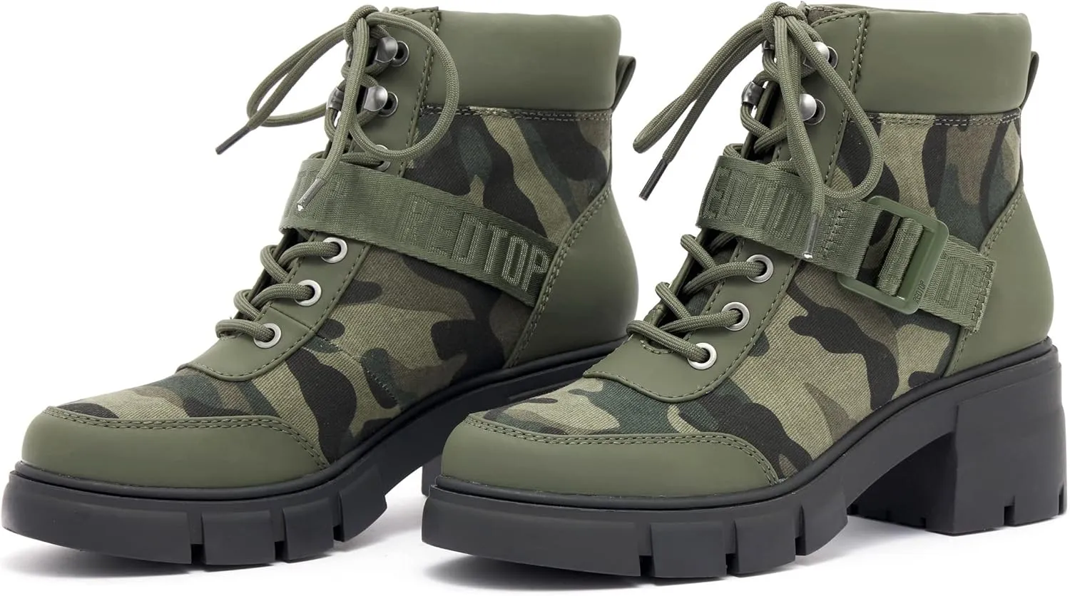 REDTOP Women's Combat Boots Chunky Lug Sole Ankle Boots Lace Up Buckle Casual Shoes