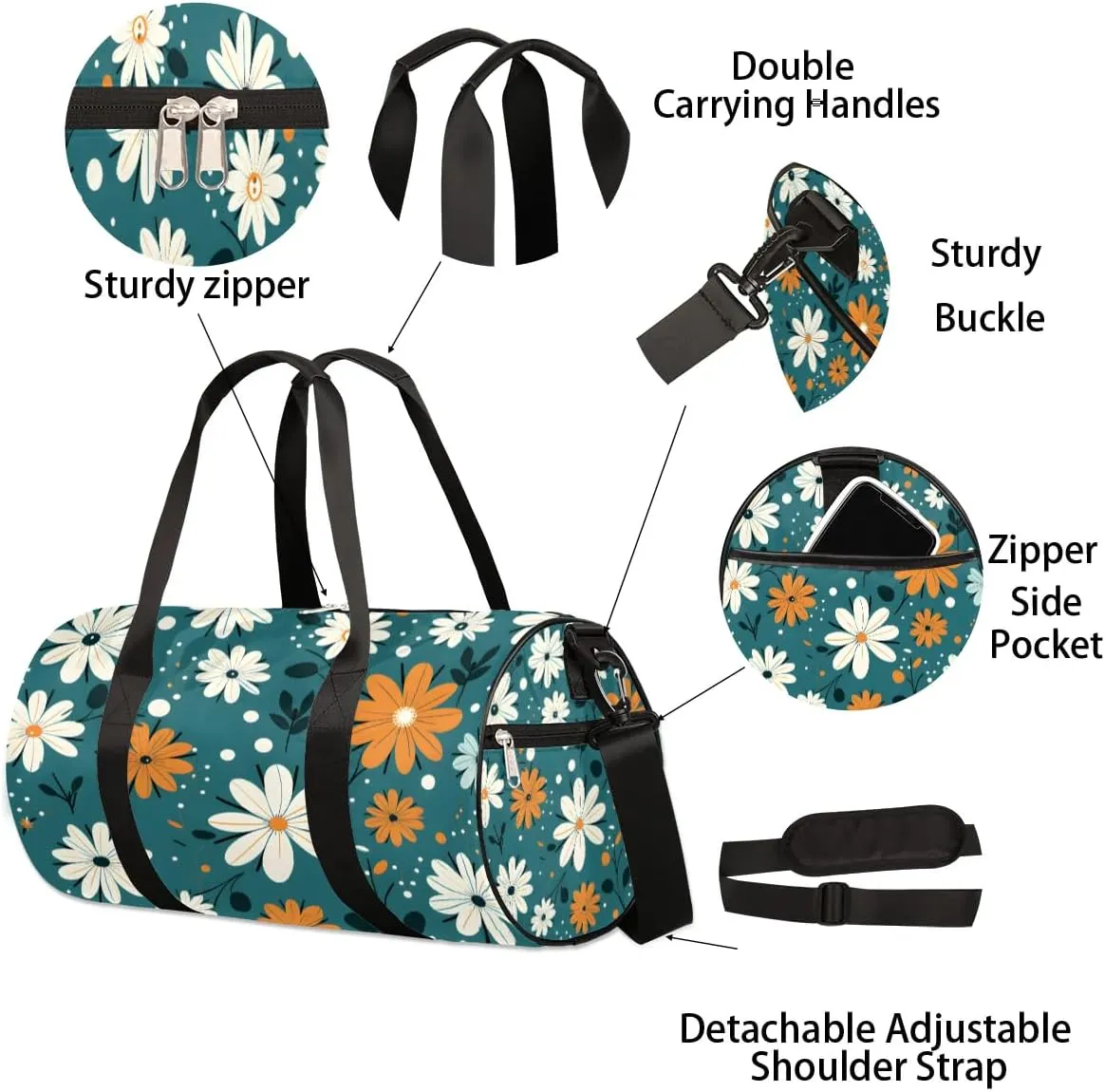 Retro Daisy Flowers Travel Duffle Bag Gym Bag for Women Men Lightweight Carry on Duffel Bag for Sports Gyms Weekend Getaway