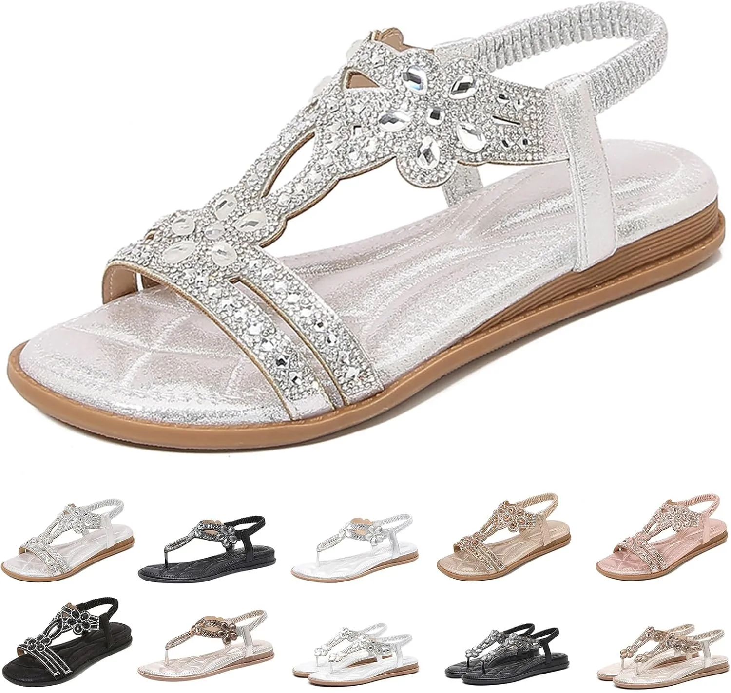 Rhinestone Sandals for Women Flat Women's T-Strap Beaded Flower Rhinestone Thong Flat Sandals Sparkling Boho Pearl Crystal Beach Shoes for Summers Dress Beach