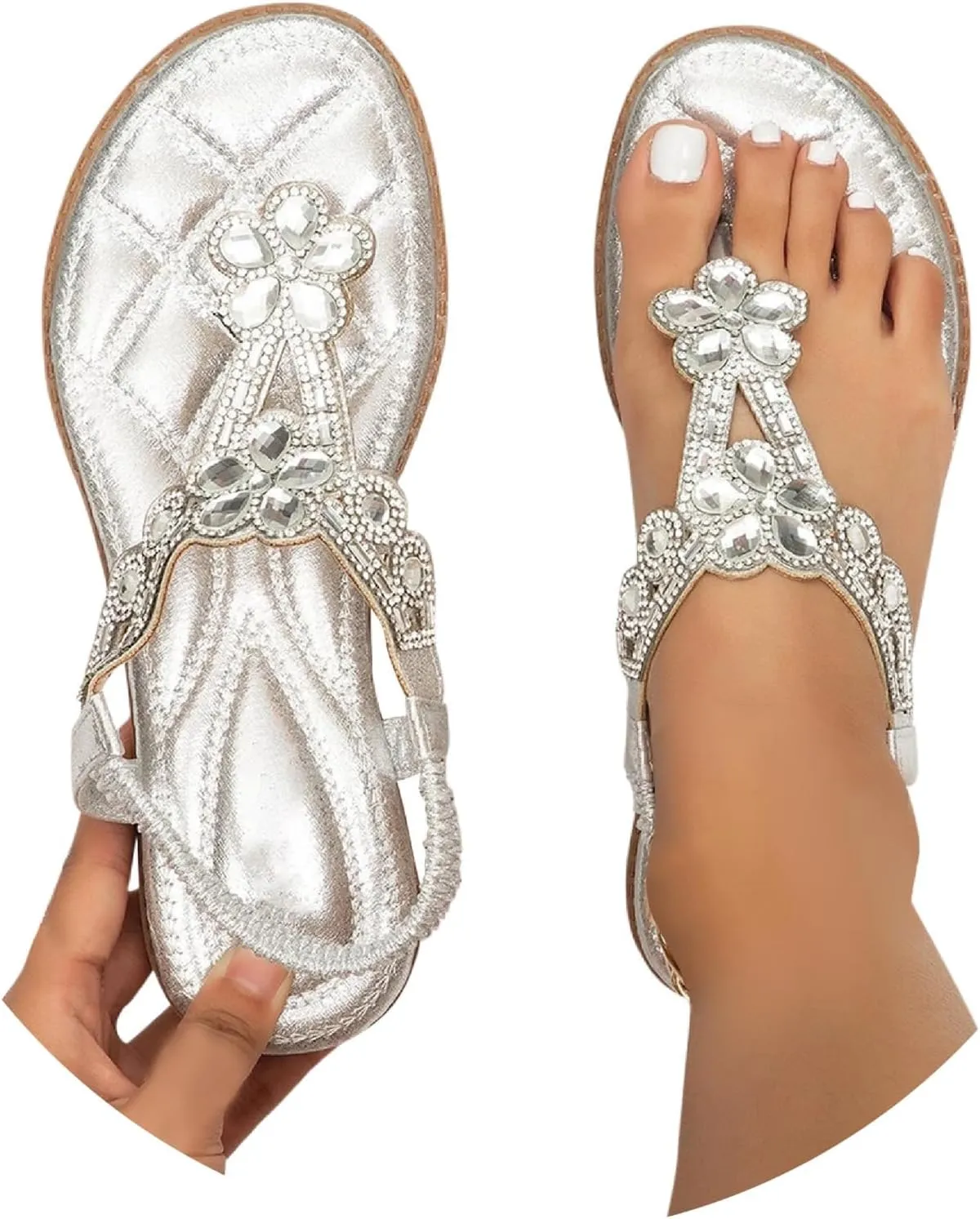 Rhinestone Sandals for Women Flat Women's T-Strap Beaded Flower Rhinestone Thong Flat Sandals Sparkling Boho Pearl Crystal Beach Shoes for Summers Dress Beach