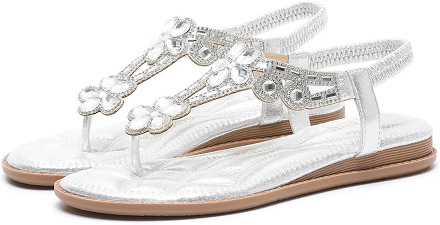 Rhinestone Sandals for Women Flat Women's T-Strap Beaded Flower Rhinestone Thong Flat Sandals Sparkling Boho Pearl Crystal Beach Shoes for Summers Dress Beach