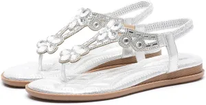 Rhinestone Sandals for Women Flat Women's T-Strap Beaded Flower Rhinestone Thong Flat Sandals Sparkling Boho Pearl Crystal Beach Shoes for Summers Dress Beach