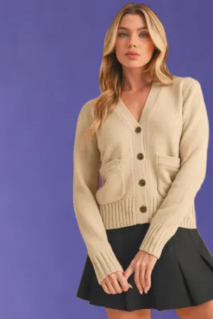 Ribbed Hem Button Down V-Neck Cardigan