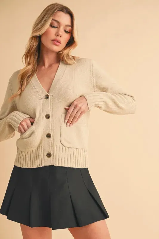 Ribbed Hem Button Down V-Neck Cardigan