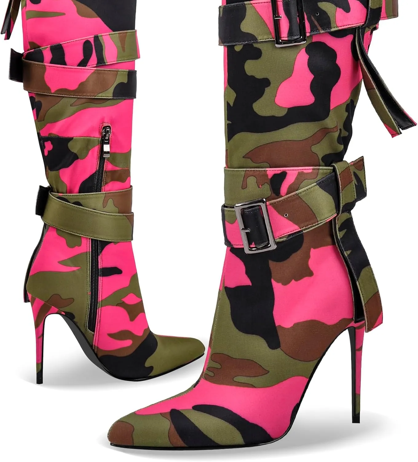 richealnini Women's Thigh High Boots with Straps Canvas Stiletto Heel Sexy Pointed Toe Party Riding Boots