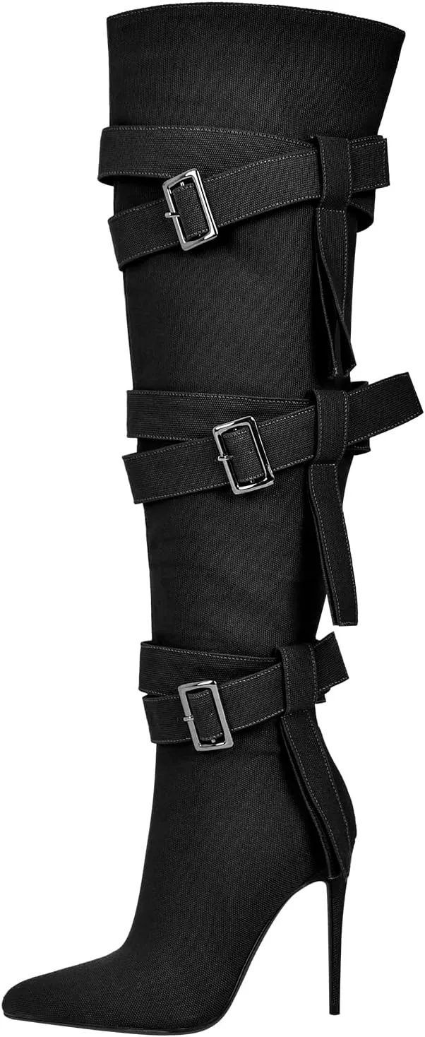 richealnini Women's Thigh High Boots with Straps Canvas Stiletto Heel Sexy Pointed Toe Party Riding Boots