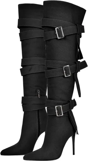 richealnini Women's Thigh High Boots with Straps Canvas Stiletto Heel Sexy Pointed Toe Party Riding Boots