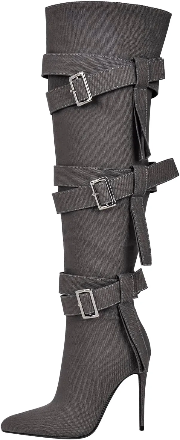 richealnini Women's Thigh High Boots with Straps Canvas Stiletto Heel Sexy Pointed Toe Party Riding Boots