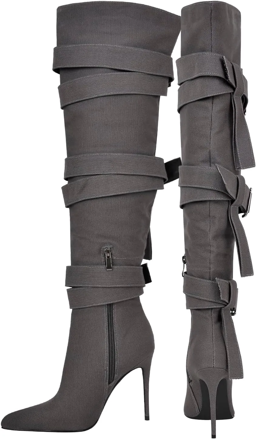 richealnini Women's Thigh High Boots with Straps Canvas Stiletto Heel Sexy Pointed Toe Party Riding Boots