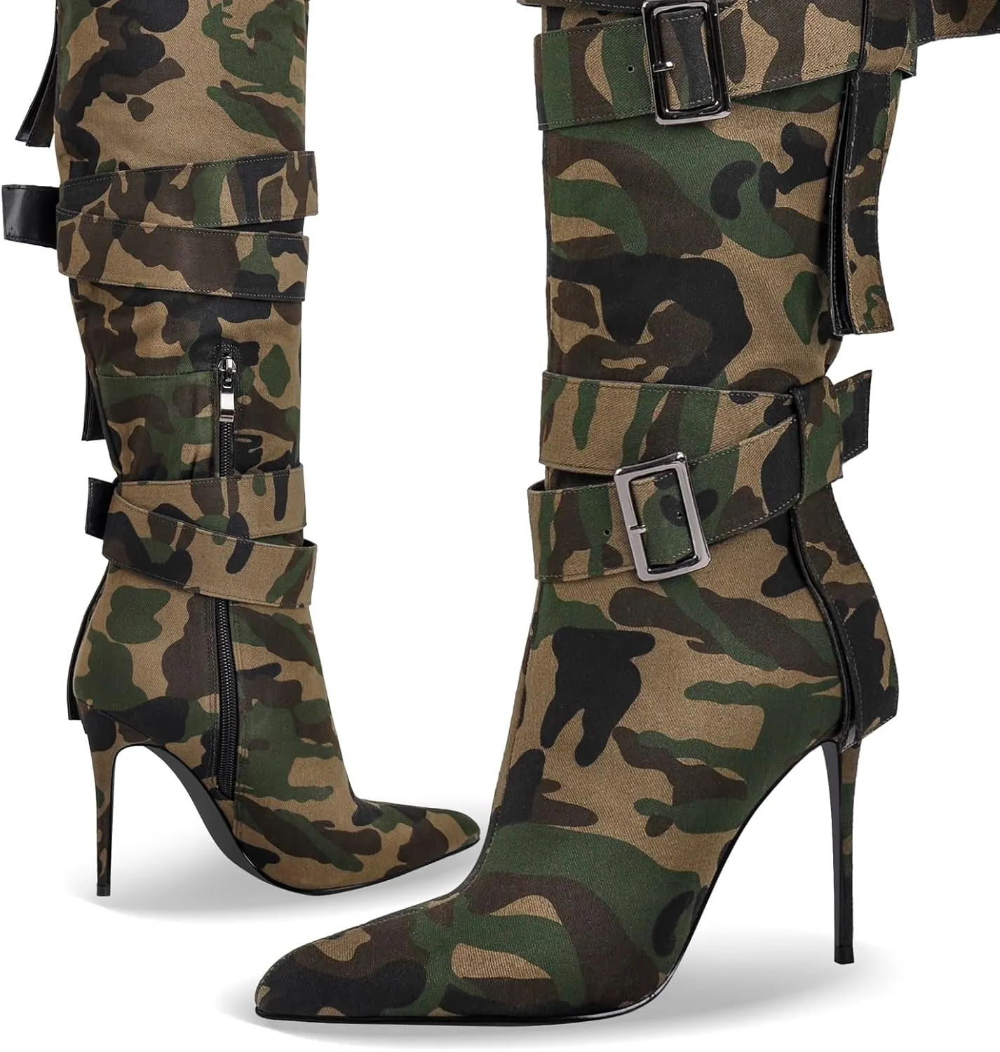 richealnini Women's Thigh High Boots with Straps Canvas Stiletto Heel Sexy Pointed Toe Party Riding Boots