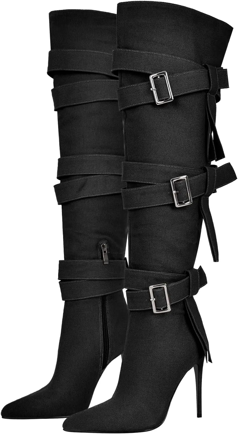 richealnini Women's Thigh High Boots with Straps Canvas Stiletto Heel Sexy Pointed Toe Party Riding Boots