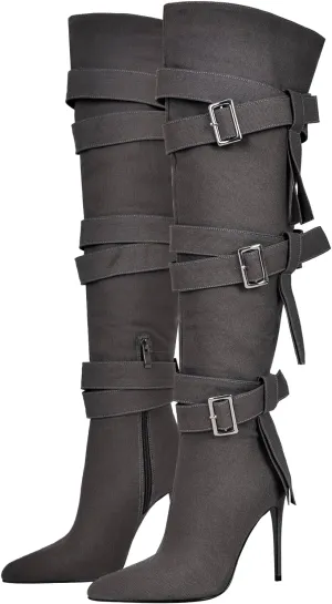 richealnini Women's Thigh High Boots with Straps Canvas Stiletto Heel Sexy Pointed Toe Party Riding Boots