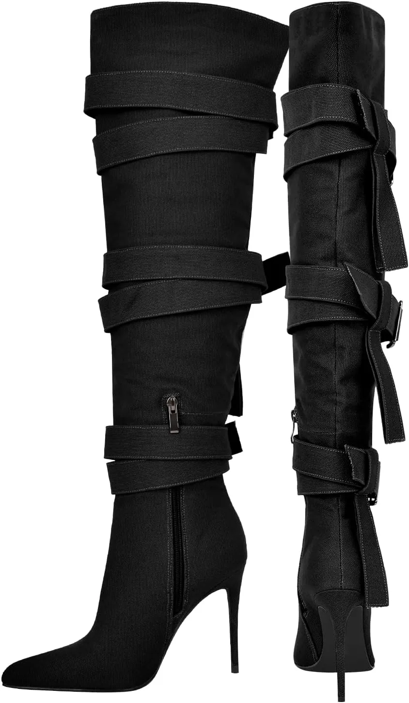 richealnini Women's Thigh High Boots with Straps Canvas Stiletto Heel Sexy Pointed Toe Party Riding Boots