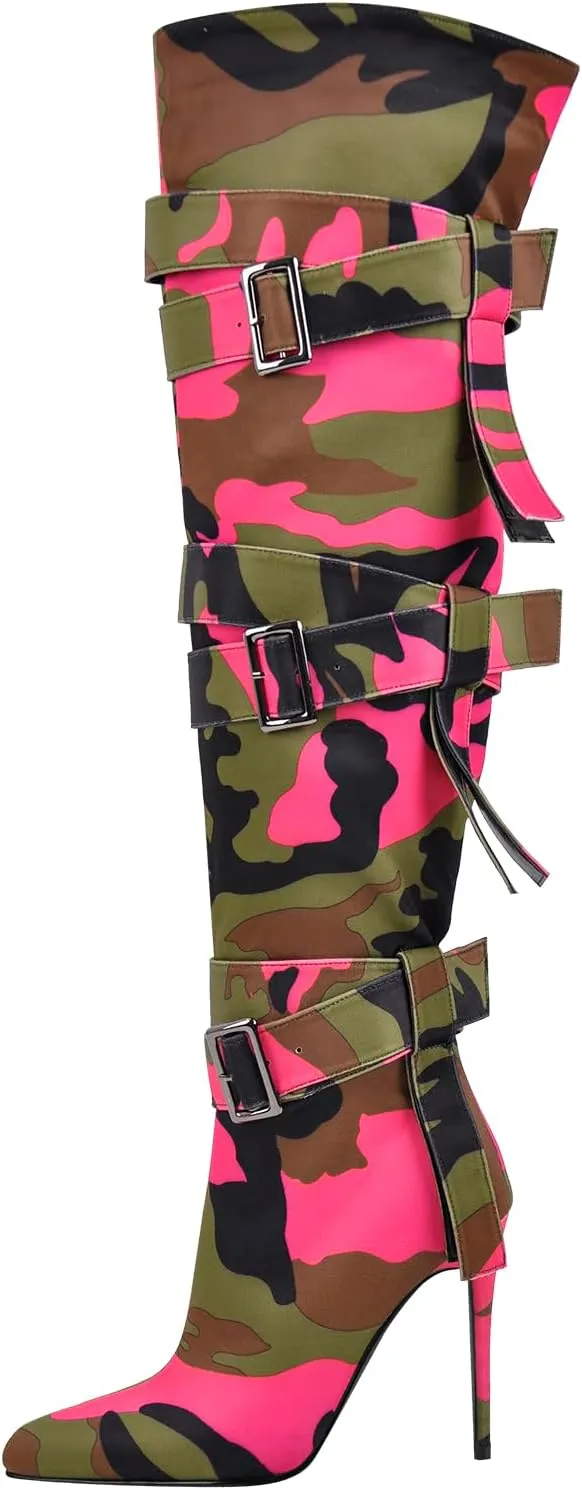 richealnini Women's Thigh High Boots with Straps Canvas Stiletto Heel Sexy Pointed Toe Party Riding Boots