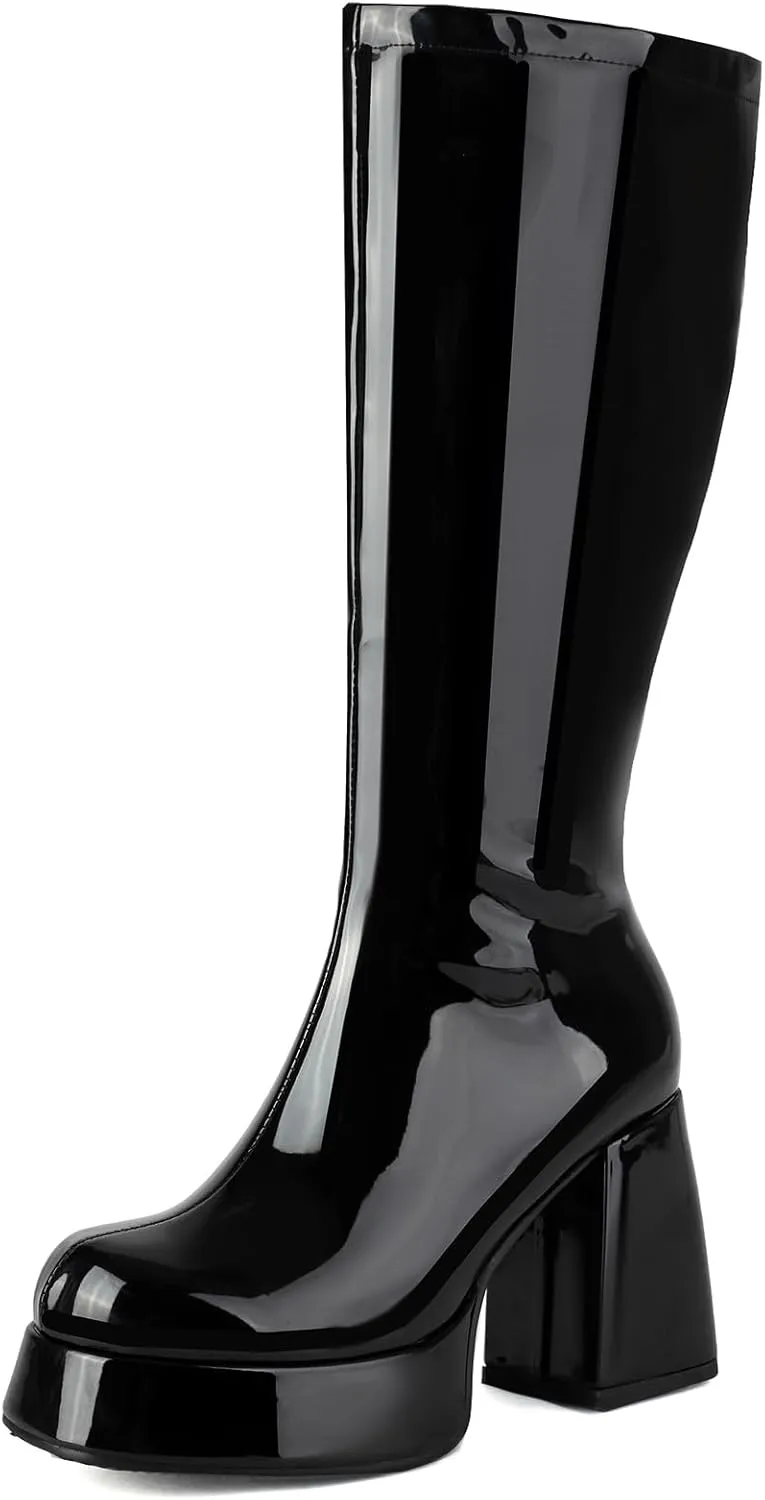 Roimaash Women's Mid-Calf Boots for Women Metallic Patent Platform Boots