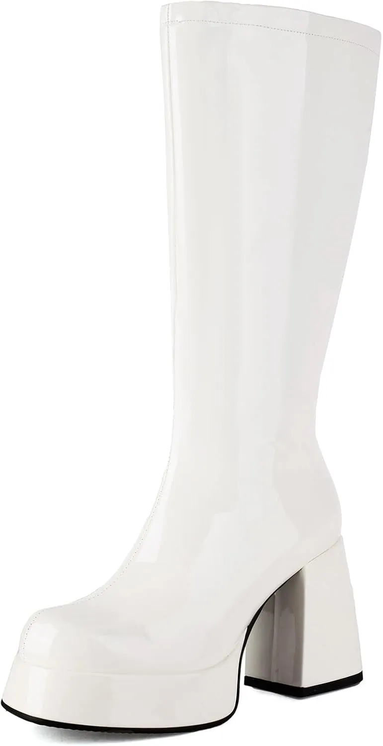 Roimaash Women's Mid-Calf Boots for Women Metallic Patent Platform Boots