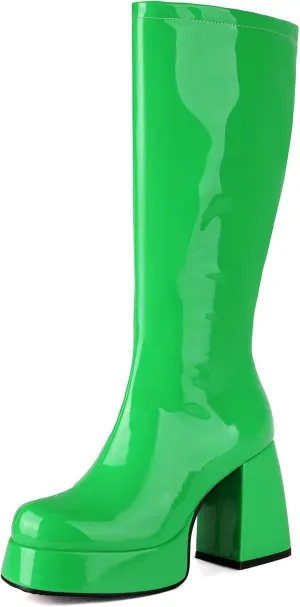 Roimaash Women's Mid-Calf Boots for Women Metallic Patent Platform Boots