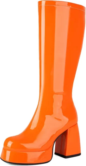Roimaash Women's Mid-Calf Boots for Women Metallic Patent Platform Boots