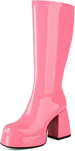 Roimaash Women's Mid-Calf Boots for Women Metallic Patent Platform Boots