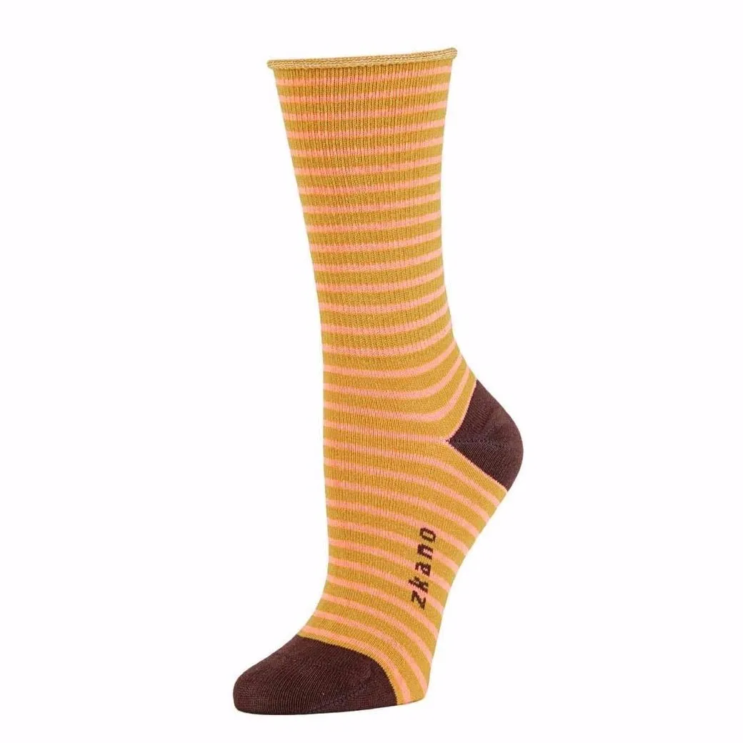 Rose Striped Roll top Crew Sock in Harvest Gold