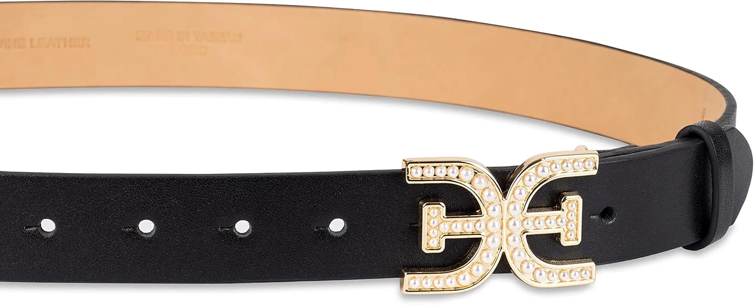 Sam Edelman Women's Imitation Pearl Embellished Double-E Logo Plaque Buckle Leather Belt for Jeans, Dresses and Trousers
