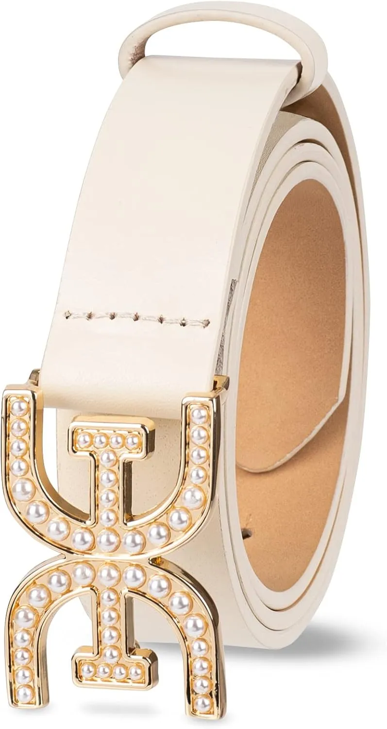 Sam Edelman Women's Imitation Pearl Embellished Double-E Logo Plaque Buckle Leather Belt for Jeans, Dresses and Trousers