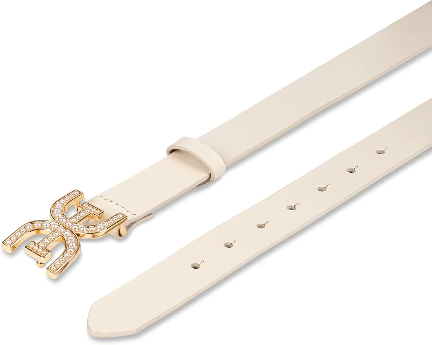 Sam Edelman Women's Imitation Pearl Embellished Double-E Logo Plaque Buckle Leather Belt for Jeans, Dresses and Trousers