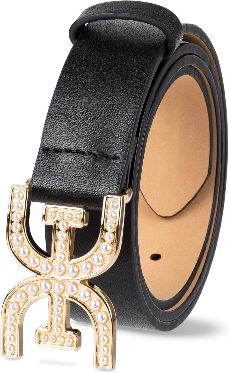 Sam Edelman Women's Imitation Pearl Embellished Double-E Logo Plaque Buckle Leather Belt for Jeans, Dresses and Trousers