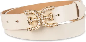 Sam Edelman Women's Imitation Pearl Embellished Double-E Logo Plaque Buckle Leather Belt for Jeans, Dresses and Trousers