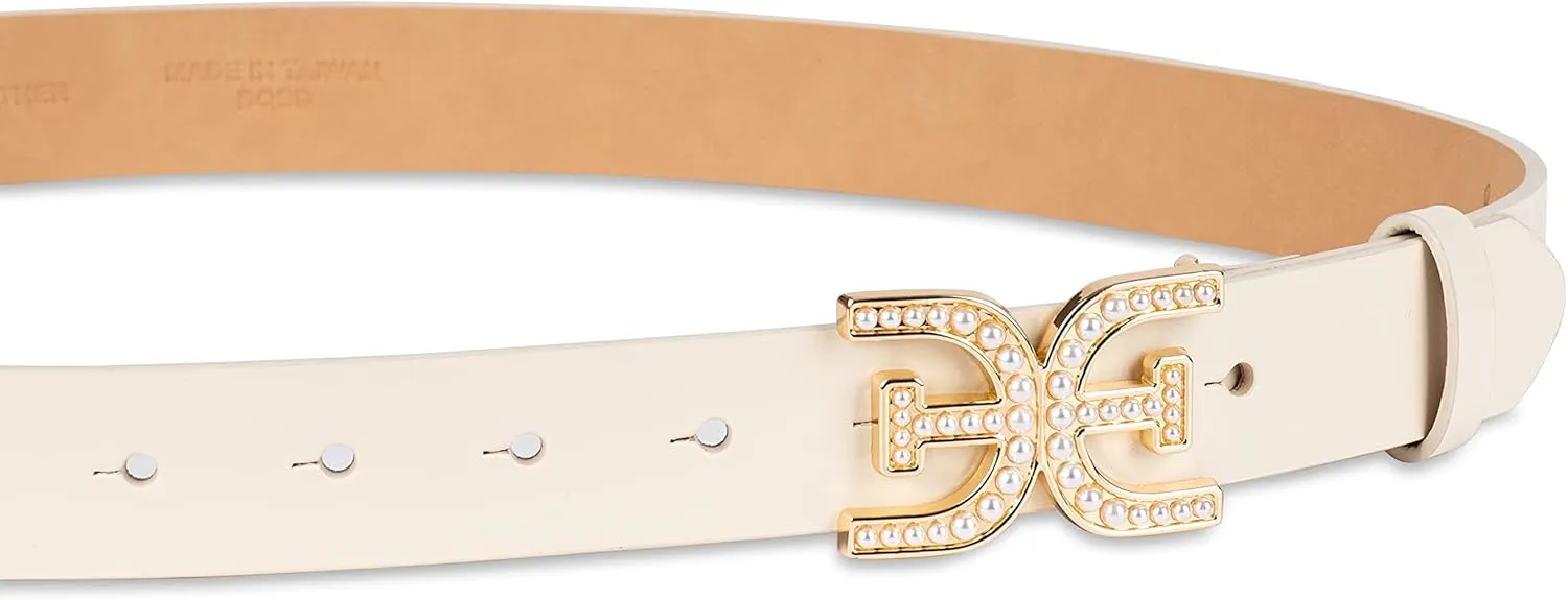 Sam Edelman Women's Imitation Pearl Embellished Double-E Logo Plaque Buckle Leather Belt for Jeans, Dresses and Trousers