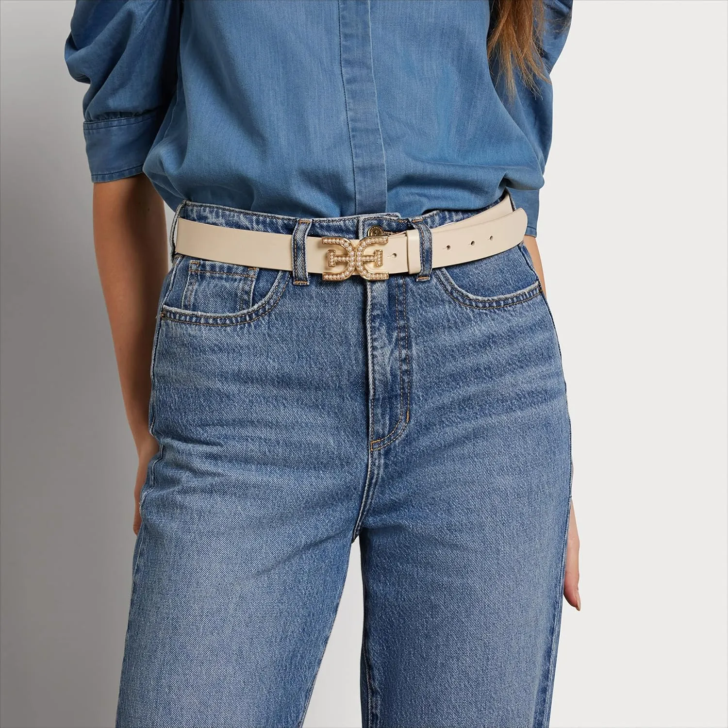 Sam Edelman Women's Imitation Pearl Embellished Double-E Logo Plaque Buckle Leather Belt for Jeans, Dresses and Trousers