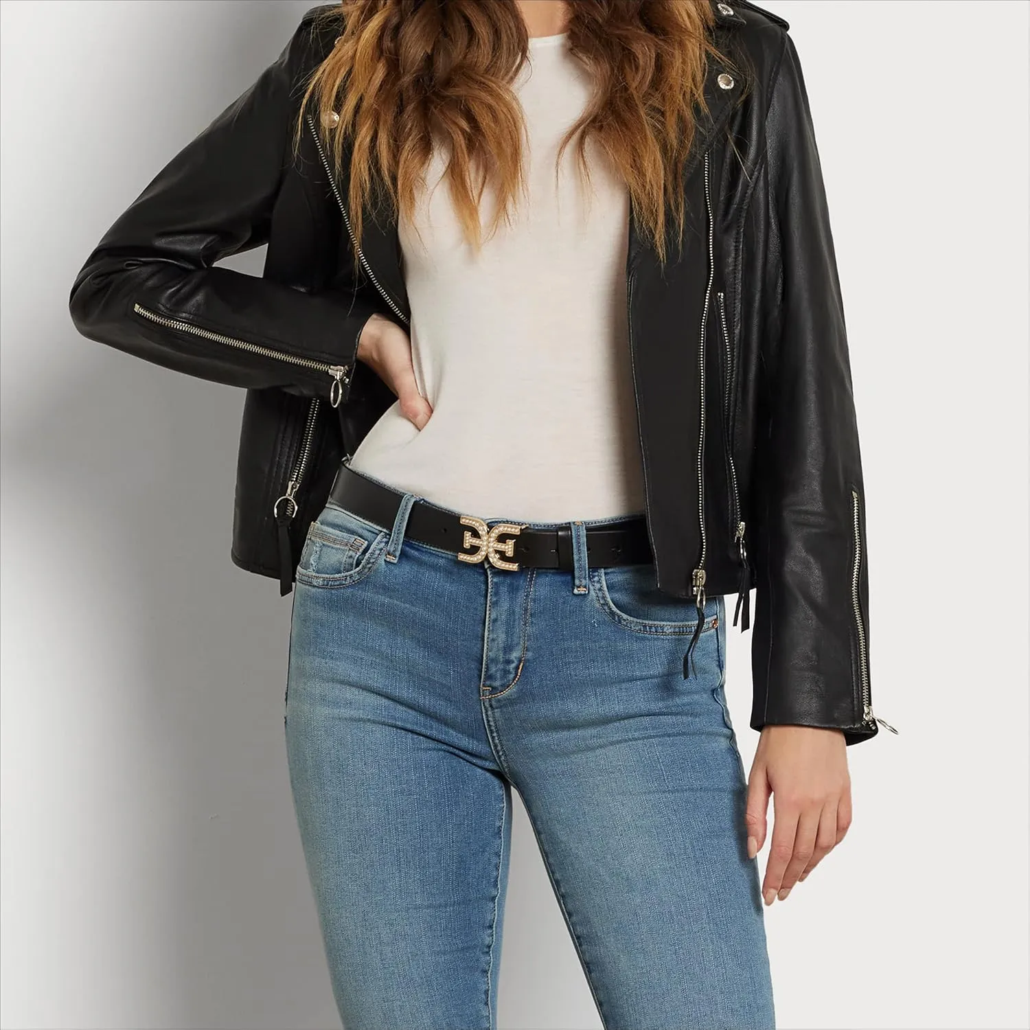Sam Edelman Women's Imitation Pearl Embellished Double-E Logo Plaque Buckle Leather Belt for Jeans, Dresses and Trousers