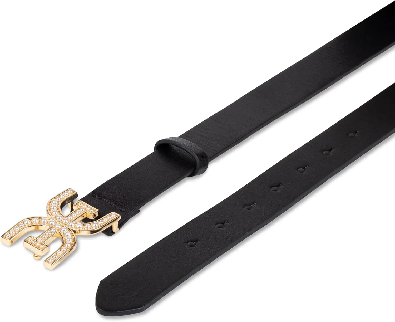 Sam Edelman Women's Imitation Pearl Embellished Double-E Logo Plaque Buckle Leather Belt for Jeans, Dresses and Trousers
