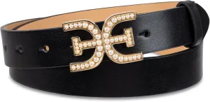 Sam Edelman Women's Imitation Pearl Embellished Double-E Logo Plaque Buckle Leather Belt for Jeans, Dresses and Trousers